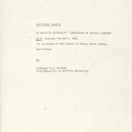 The Vice-Chancellor's Occasional Address, 04 April 1981 [PDF]