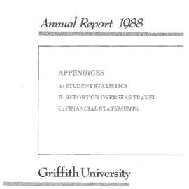 Griffith University Annual Report 1988 - Appendices